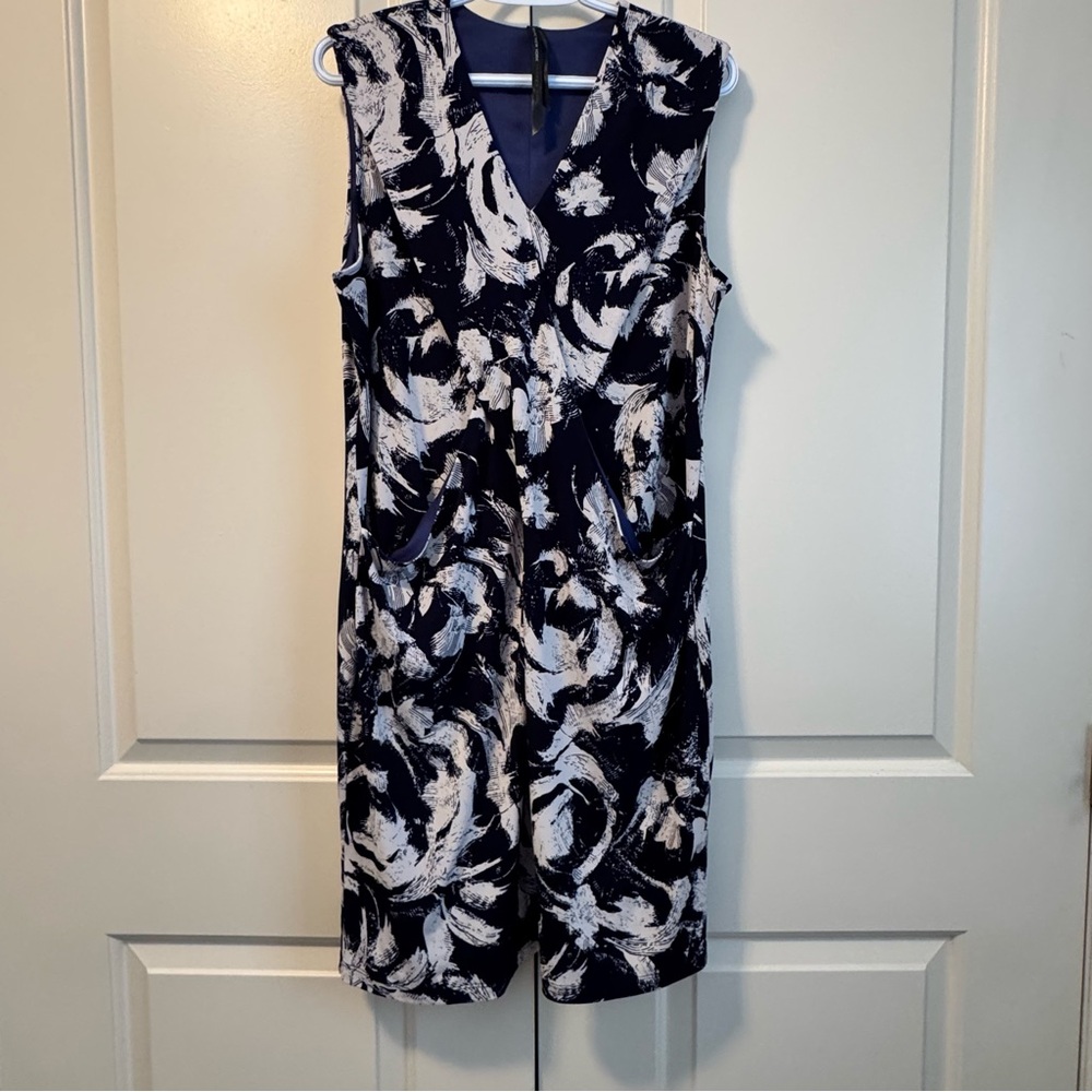 Marc New York Navy White Sleeveless Midi Dress Abstract Print Pockets Sz L